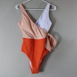 Womens XS Side Tie Wrap One Piece Bathing Suit - Size XS, Peach, Orange & White